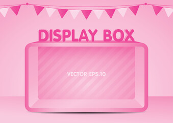Pink shelf box display 3d illustration vector for putting your object with cute rail flag on pastel pink background