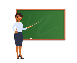 Female teacher with pointer stick at blackboard with copy space showing. Vector illustration isolated on white