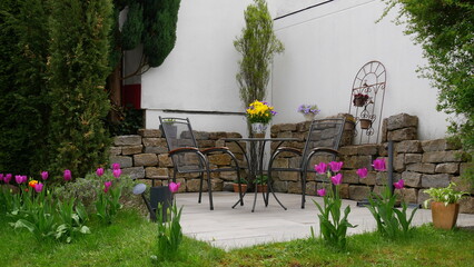 Obraz na płótnie Canvas Gartenterrasse im Frühling umgeben von Tulpen, Funkien, Säulenbaum und Zypressen