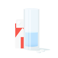 Package of tablets and a glass of water. Vector illustration isolated on white