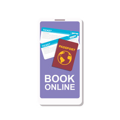 Smartphone with book button, passport and tickets on screen. Online booking application concept. Vector illustration
