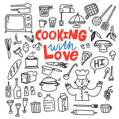 doodle flat cooking with love vector illustration, chef, isolated set, line object 