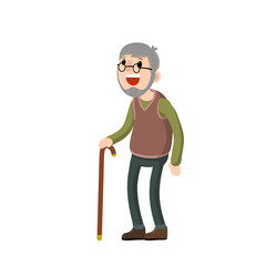 Funny old man with cane. Senior and Active Lifestyle, recreation grandfather. Cartoon flat illustration.