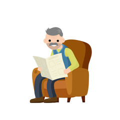 Old man sits in a brown chair and reads newspaper. Lifestyle of senior. Cartoon flat illustration. rest and relax of grandfather with news. Furniture - armchair