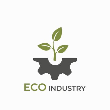 Eco industry logo icon. mechanical gear and plant sprout. eco friendly industry and technology symbol