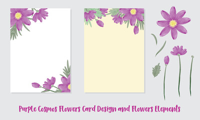 Two Purple Cosmos Flowers cards design and elements set on white