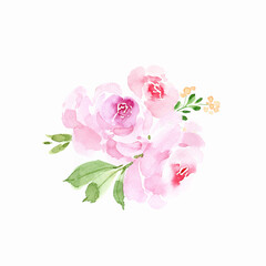 illustration of watercolor bouquet with roses isolated on white background hand painted for weddings and invitations.