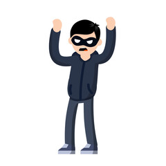 Thief raised hands. Man in black robber mask. Cartoon flat illustration. Detention of criminals. Bank robbery. Arrest the guy in dark cloth
