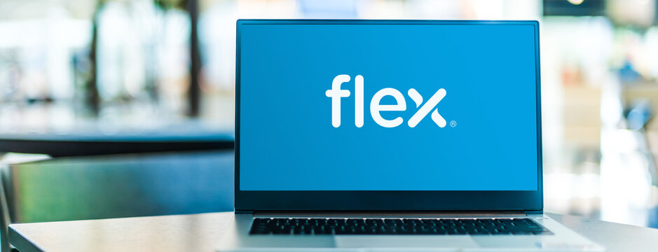 Laptop computer displaying logo of Flex