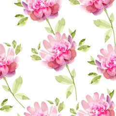 seamless pattern with delicate pink flowers on a white background, watercolor illustration hand painted