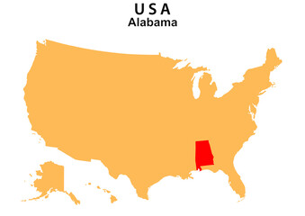 Alabama State map highlighted on USA map. Alabama map on United state of America.
