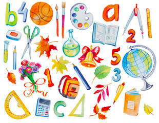 school supplies and symbols. set of watercolor sketches