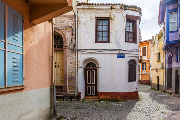 Fototapeta na wymiar Colorful historical street view in Ayvalik Town.