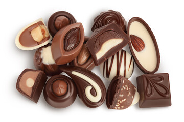 Chocolate candy isolated on white background with clipping path and full depth of field. Top view. Flat lay.