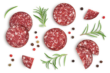 Smoked sausage salami slices isolated on white background with clipping path and full depth of field. Top view. Flat lay