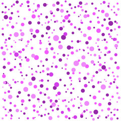 Same pink different dots. White background and random size and location of pink circles. Seamless and decorative pink dots.