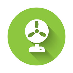 White Electric fan icon isolated with long shadow. Green circle button. Vector