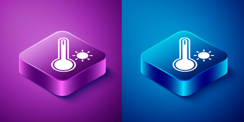 Isometric Meteorology thermometer measuring heat and cold icon isolated on blue and purple background. Thermometer equipment showing hot or cold weather. Square button. Vector