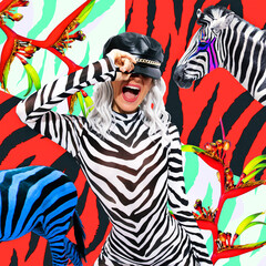 Fototapeta na wymiar Contemporary digital funky minimal collage poster. Party Girl and zebra. Back in 90s. Pop art zine fashion culture. Trendy Animal pattern design