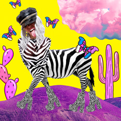 Contemporary digital funky minimal collage poster. Party funny zebra Girl in fantasy space. Back in...