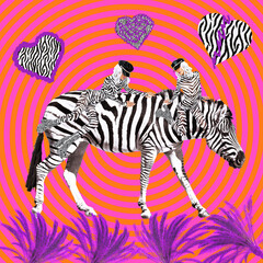 Fototapeta na wymiar Contemporary digital funky minimal collage poster. Zebra lover Girl. Back in 90s. Pop art zine fashion culture.