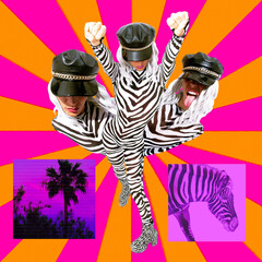 Contemporary digital funky minimal collage poster. Party emotional zebra Girls in colorful geometry space. Back in 90s. Pop art zine fashion, music, clubbing culture.