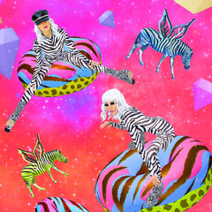Contemporary digital collage poster art. Party zebra Girls flying on a donut in space. Back in 90s. Pop art, zine, clubbing, music,  fashion concept