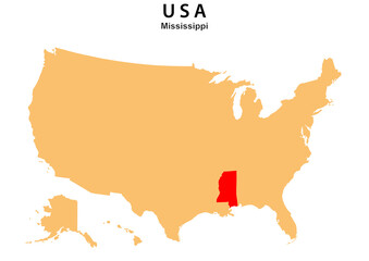 Mississippi State map highlighted on USA map. Mississippi map on United state of America.