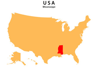 Mississippi State map highlighted on USA map. Mississippi map on United state of America.