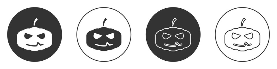 Black Pumpkin icon isolated on white background. Happy Halloween party. Circle button. Vector