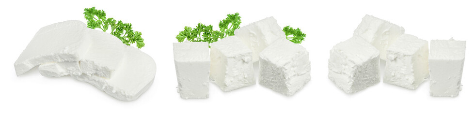 Feta cheese isolated on white background. With full depth of field. Set or collection
