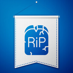 Blue Tombstone with RIP written on it icon isolated on blue background. Grave icon. Happy Halloween party. White pennant template. Vector