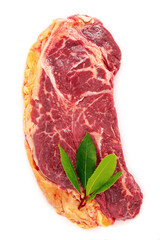 Raw strip loin steak isolate on white  background. Flatlay of fresh raw beef steak isolated on white background top view.