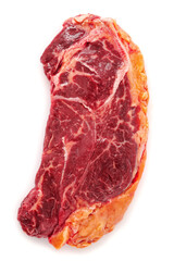 Raw strip loin steak isolate on white  background. Flatlay of fresh raw beef steak isolated on white background top view.