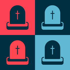 Pop art Tombstone with RIP written on it icon isolated on color background. Grave icon. Happy Halloween party. Vector