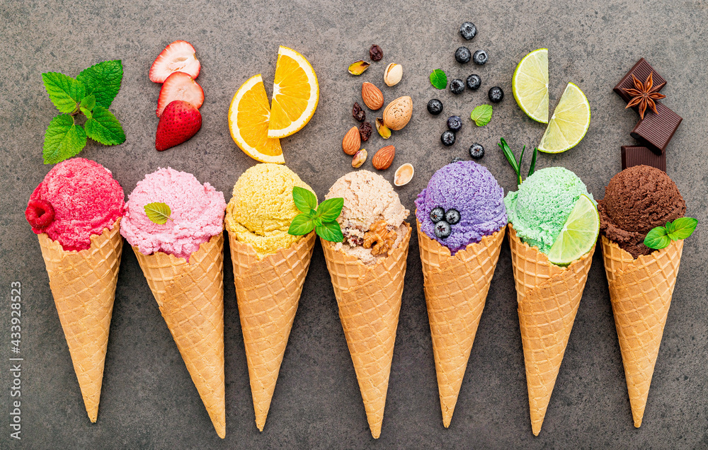 Aufkleber flat lay ice cream cones collection on dark stone background . blank crispy ice cream cone with copy