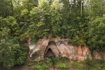 Boat trip down the river Salaca. Beautiful sand stone cliffs, Latvia. Captured from above.