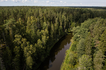 Boat trip down the river Salaca. Beautiful sand stone cliffs, Latvia. Captured from above.