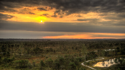 Aerial view of swamp and wooden path in Kemeri national park during sunrise, Latvia.
