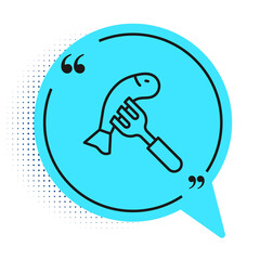 Black line Served fish on a plate icon isolated on white background. Blue speech bubble symbol. Vector