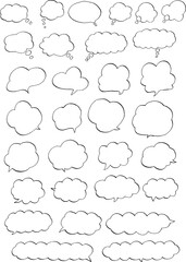 Set of monochrome cloud speech balloons drawn with a thick pen.