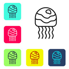 Black line Jellyfish icon isolated on white background. Set icons in color square buttons. Vector