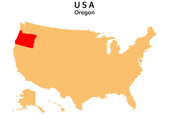Oregon State map highlighted on USA map. Oregon  map on United state of America.