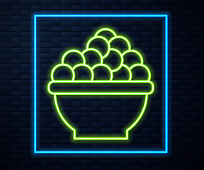 Glowing neon line Caviar icon isolated on brick wall background. Vector