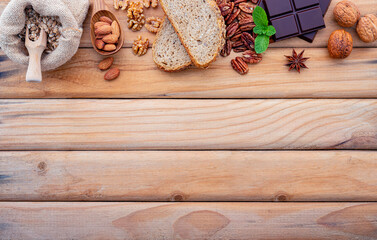 Ingredients for the healthy foods selection. The concept of healthy food set up on shabby wooden background.