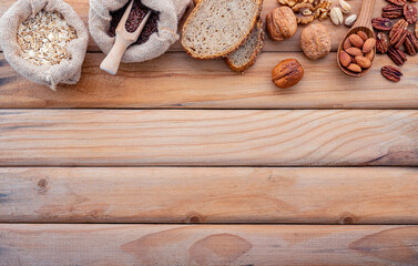 Ingredients for the healthy foods selection. The concept of healthy food set up on shabby wooden background.