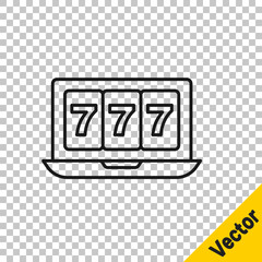 Black line Online slot machine with lucky sevens jackpot icon isolated on transparent background. Online casino. Vector