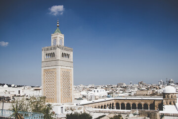 Ez Zitouna or Al Zaytuna Mosque in the old city of Tunis, seen from above in a sunny day