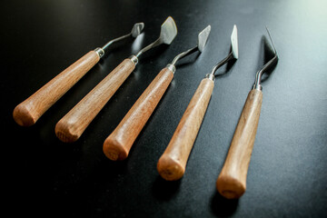 The set of five pallets knifes for oil painting
