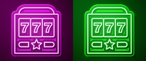 Glowing neon line Slot machine with lucky sevens jackpot icon isolated on purple and green background. Vector